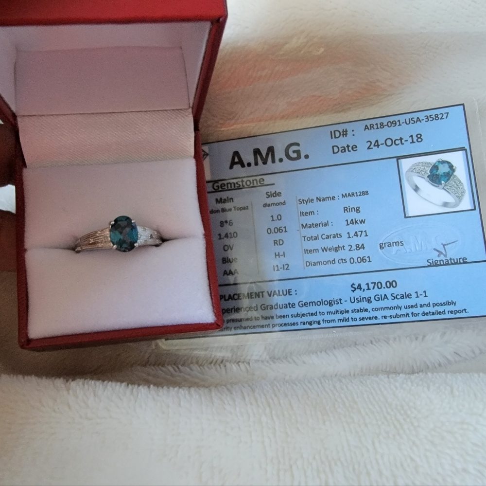 Solid 14k gold diamond and topaz ring with appraisal